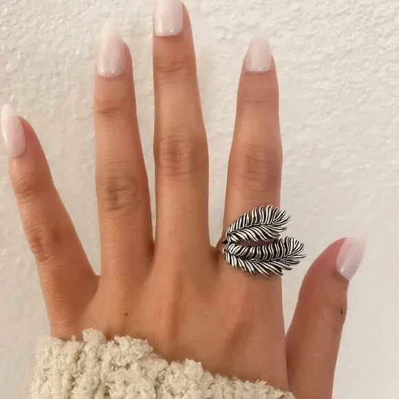 925 Sterling Silver Large Fan Palm Leaf Ring Feather Ring Chunky Statement Ring - Picture 2 of 8